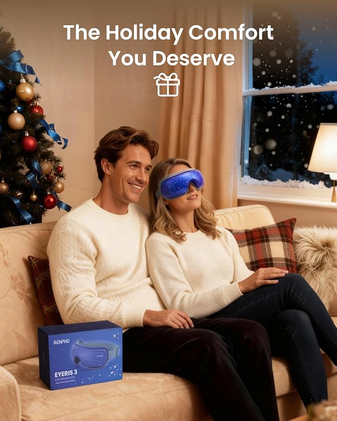 RENPHO Christmas Limited Edition Eye Massager with Heat and Cooling, White Elephant Christmas Birthday Gifts for Mom Dad Women Men Her Him, Eyeris 3 Voice Control, Eye Care Sleep Mask for Migraines