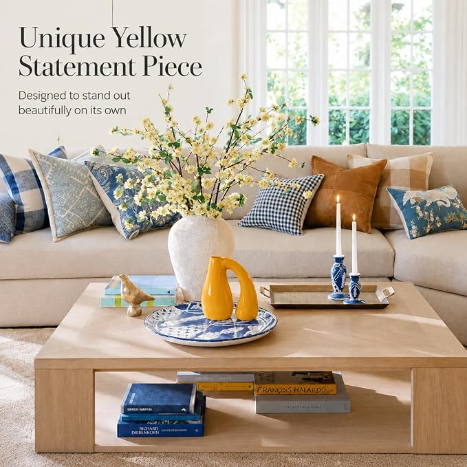 Yellow Ceramic Vase for Pampas, Boho Shelf & Table Decor | Holds Dried Stems and Faux Florals - Sculptural Accent for Mantel, Console and Entryway