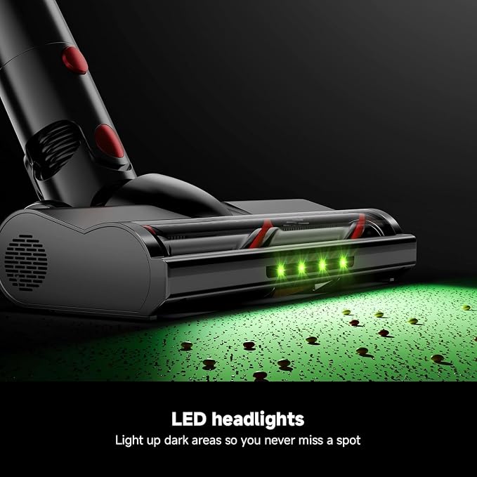 Cordless Vacuum Cleaner, Powerful Stick Vacuum with Green Light Anti-Tangle Brush, Removable Battery, 6-in-1 Lightweight Handheld for Pet Hair, Carpet & Hard Floors, Red