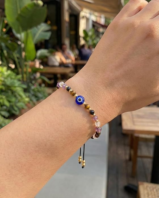 Evil Eye Dainty Bracelet - Natural Crystal Protection Bracelet - 5 Healing Stones Clear Quartz Amethyst Black Tourmaline Tiger Eye Adjustable Spiritual Guardian Jewelry Gift with Meaning Card