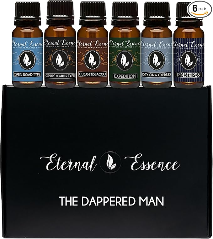 Eternal Essence Oils Dappered Man/Gentlemen Set of 6 Premium Fragrance Oils - Includes Cuban Tobacco, Dry Gin & Cypress, Expedition, Ombré Leather Type, Open Road Type, Pinstripes Scented Oils - 10ML