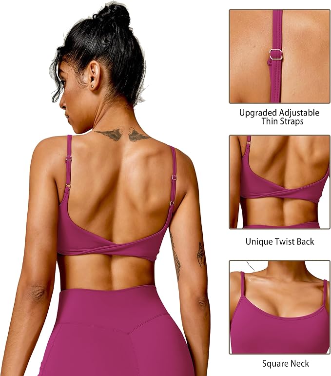 QUOJIZY Sports Bras for Women Open Back Workout Tops for Women Yoga Bra Spaghetti Straps Twist Back