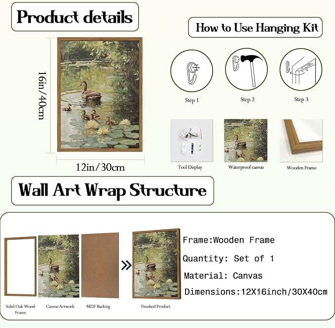 Framed Vintage Duck Canvas Wall Art, Rustic Farmhouse Animal Family Pictures Wall Decor, Country Nature Pond Paintings Prints Cottagecore Home Decor for Living Room Bedroom Bathroom 12x16 inch
