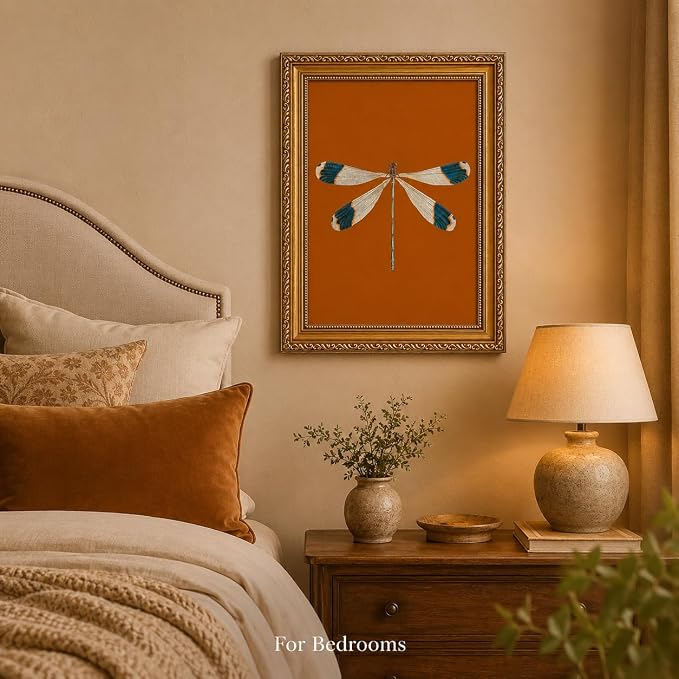 Gold Framed Dragonfly Wall Art,Antique Insect Picture Wall Decor16x12in | Burnt Orange Background Canvas Print Cottagecore For Bedroom, Study,Hallway,Entryway