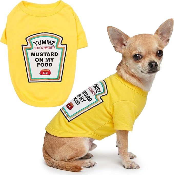 Parisian Pet Dog Costume - 100% Cotton Yellow Dog Clothes for Small Dogs - Lightweight Puppy Outfits - Funny Chihuahua Clothes - Sleeved Mustard Shirt for Dogs - Stretchy and Stylish Pet Costume
