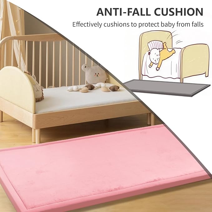 Huloo Sleep Play Mat for Babies Toddlers,1.3" Thick Elasti-Foam Anti-Fall Cushion Mat for kids Room,28×72 Bedroom Bedside Rugs,Water-Repellent Soft Coral Velvet,Non-Slip(Pink)