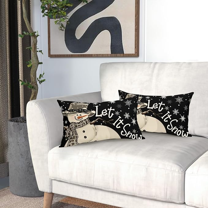 Christmas Black Lumbar Pillow Covers 12X20 Inch Set of 2 Xmas Snowman Snowflake Decorative Pillow Cases Winter Holiday Cotton Linen Cushion Case Modern Home Decor for Sofa Couch Bedroom