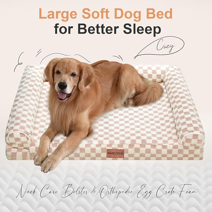 Orthopedic Dog Bed for X-Large Dogs, 40 x 32 Inch, Pink Grid | Egg crate foam for joint support, 3-sided bolster pet sofa, waterproof lining, washable cover, and non-skid base