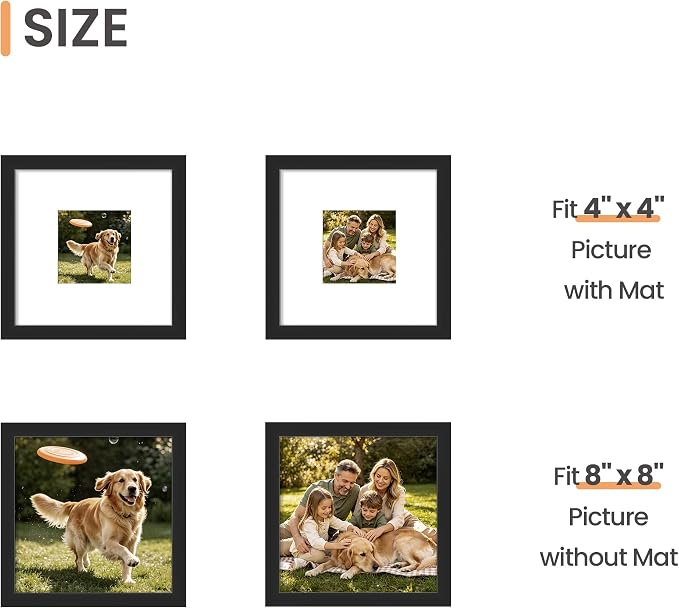 upsimples 8x8 Picture Frame, Gallery Wall Frames Set of 5, Black | Photo Frame Collage Wall Decor, 4x4 Picture Frame with Mat for Family, Baby, Hallway, Christmas