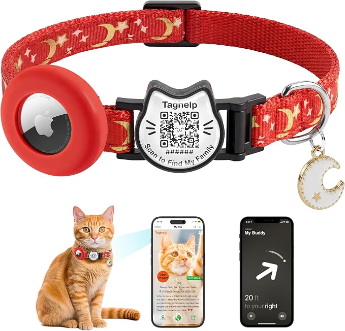 Smart QR Code Cat Collar with Built-in AirTag Holder, Breakaway Adjustable Kitten Collar with Stars and Moon & Glow Pendant, Safety Pet ID Collar for Cats(Red)