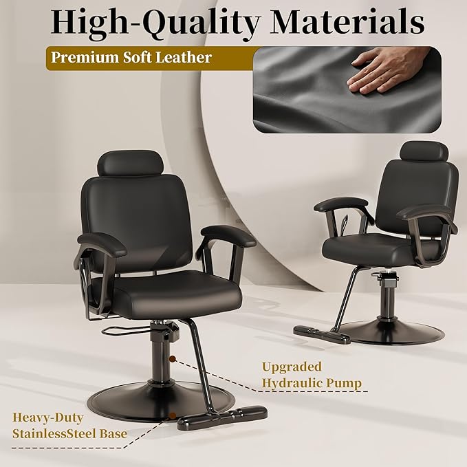 Baasha Premium Black Reclining Salon Chair with Removable Headrest, All-Purpose Hydraulic Barber Chair, Soft PU Leather, 360° Swivel, 135° Recline, Heavy-Duty Steel Frame, 330 lbs Capacity