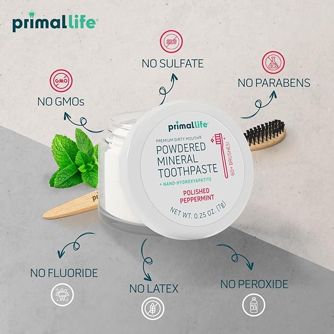 Primal Life Organics - Dirty Mouth Toothpowder, Tooth Cleaning Powder, Flavored Essential Oils with Natural Kaolin & Bentonite Clay, Good for 200+ Brushings, Organic, Vegan (Peppermint, 0.25 oz)