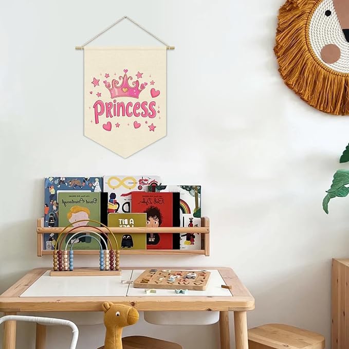 Princess Room Decor for Girls Bedroom, Pink Cute Princess Crown Linen Pennant Banner for Baby Girl Nursery Wall Hanging, Playroom Toddler Room Decorations 15x11 Inch
