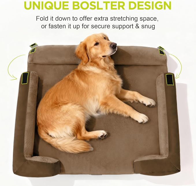 Waterproof Orthopedic Dog Bed for Extra Large Sized Dogs | Memory Foam Pet Bed Sofa with Bolster, Dog Couch with Washable Cover & Non-Slip Bottom, 48x30 Inch, Dark brown