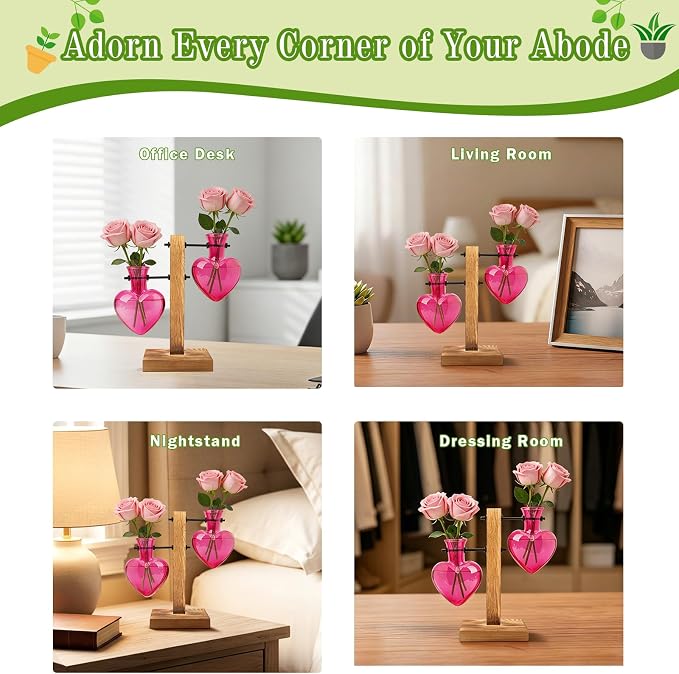 XXXFLOWER Plant Propagation Station Terrarium 2 Pink Heart Shaped Vase | Terrarium Kit Bulb Glass Metal Desk Plant Holder, Retro Air Plants Water Plants, Home Office Decoration