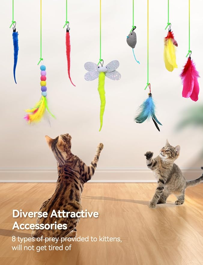 FEELNEEDY Interactive Cat Toys, LED Light, 8 PCS Replacement Teaser with Bell Refills, Feather & Mouse Cats Toy, Hanging Cat Toys for Indoor Cats, for Bored Adult Kitten Exercise, Silver