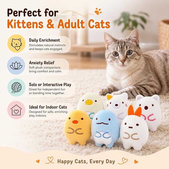 6 Pack Catnip Toys for Cats – Plush Interactive Cat Toys for Indoor Cats & Kittens – Soft Catnip Filled Chew, Kick & Toss Toys – Cute Assorted Plush Characters for Stress Relief & Exercise