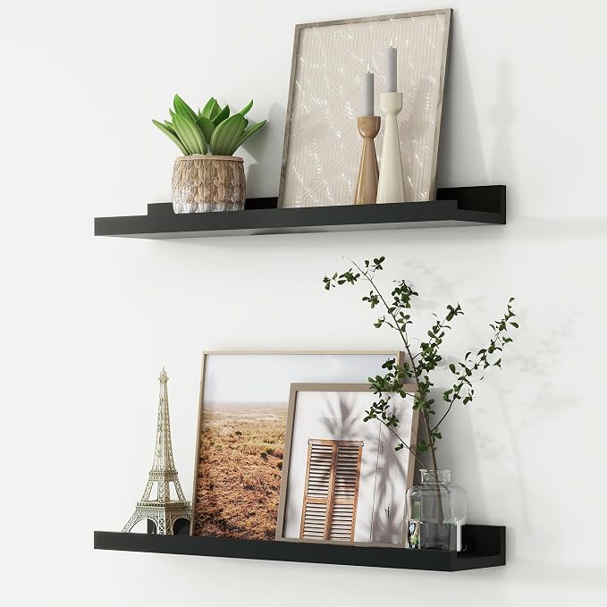 Picture Ledge Shelf, Floating Shelves for Wall, 24" W Set of 2, Black | FSC Certified Engineered Wood, Wall Mounted Bookshelf, for Nursery Living Room Bedroom, Pre-Drilled, Easy Install