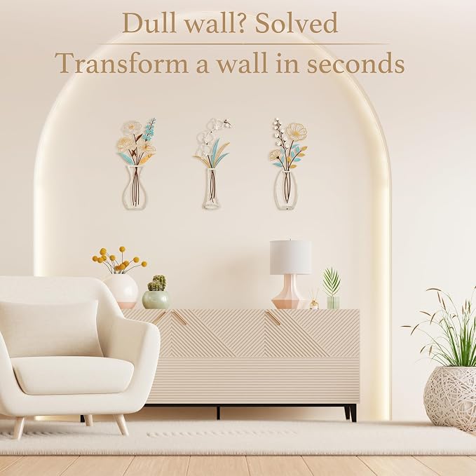 CarryWise 3 Piece Metal Flower Wall Art for Bedroom Living Room, Flower Blue gold