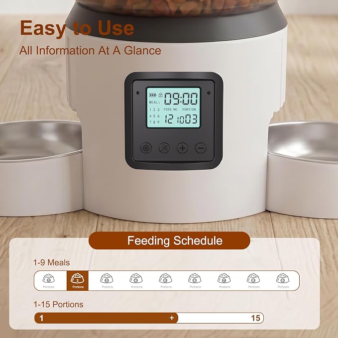 Automatic Cat Feeder for 2 Cats 4L Timed Cat Dry Food Dispenser Double Bowl Auto Pet Feeder and Small Dogs Dual Power Supply 9 Meals Programmable 1-15 Portion Per Day with Stainless Bowl Easy Clean