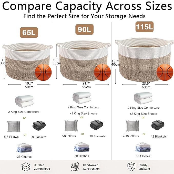 115L Extra Large Blanket Basket,Woven Rope Laundry Basket-Mix Brown | Collapsible Nursery Storage Bin with Sturdy Handles, Organizes Clothes, Toys and Pillows for Living Room, Bedroom, Bathroom