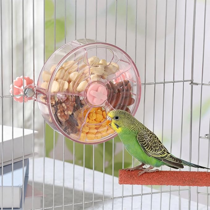Bird Foraging Toy Interactive Slow Feeder with Rotating Treat Wheel Creative Enrichment Puzzle for Small & Medium Parrots Cockatiel Parakeet Conure - Pink