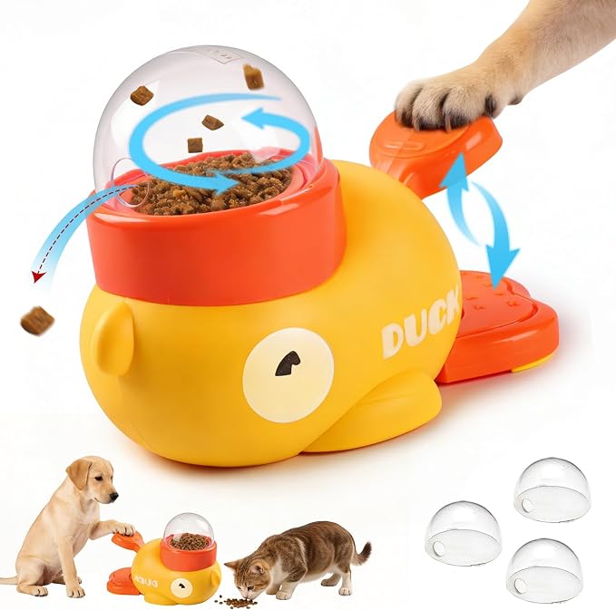 Interactive Dog Treat Dispenser Toy, Duck Shape Puzzle Feeder with Press Button and Rotating Design, Slow Feeding Game for Cats,Dogs,Other Pets
