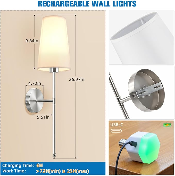Brushed Nickel Battery Operated Wall Sconce Set of 2,Rechargeable Wall Lights with 10400mAh Dimmable Detachable Bulbs and Remote,9 Colors Wireless Sconces for Bedroom Living Room Hallway
