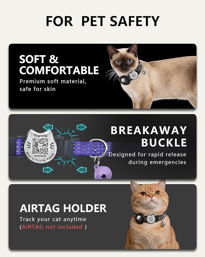 Cat Collar with AirTag Holder, QR Code Tag and Bell (Purple, Dot Matrix)
