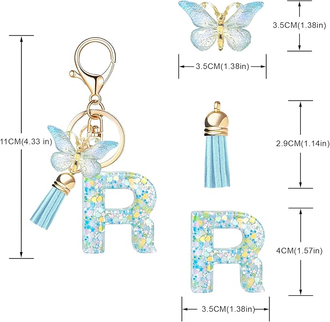 Fashion Alphabet Initial Letter Keychain Tassel Butterfly Pendant Key Ring for Purse Handbags Women Girl