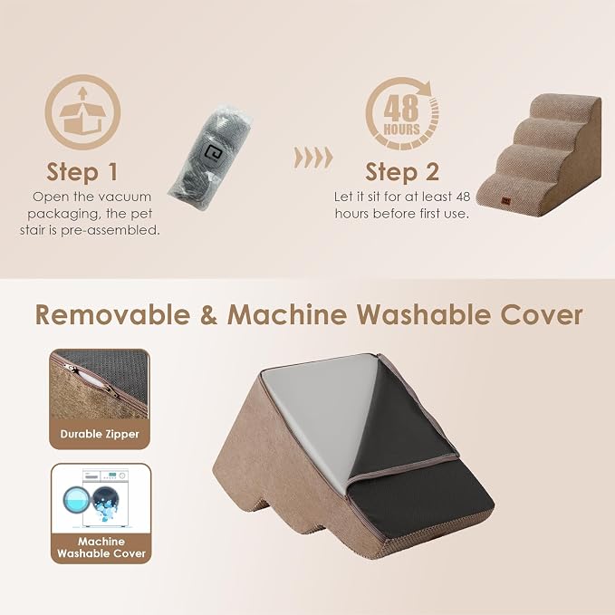 EHEYCIGA Curved Dog Stairs Ramp, 4-Step High Beds, 19.7" H Pet Step | 33D density of pure foam, for Small Dogs and Cats, Pet Stairs for High Bed Climbing, Non-Slip Balanced Indoor, Camel
