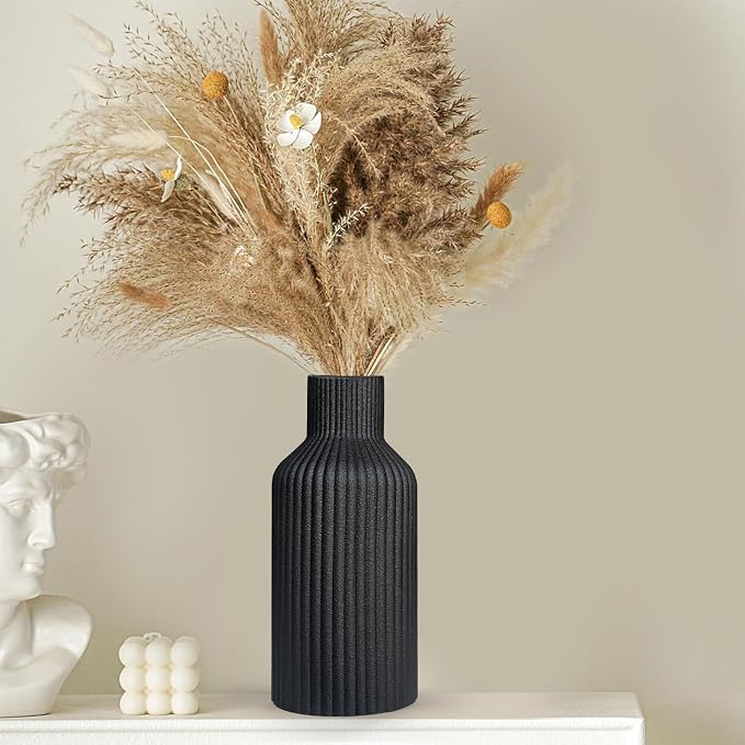 Black Ceramic Flower Vase, Minimalist Modern Home Decor, Matte Finish Pampas Grass Vase for Table, Fireplace, Shelf, Mantel, Entryway and Centerpieces (10in)