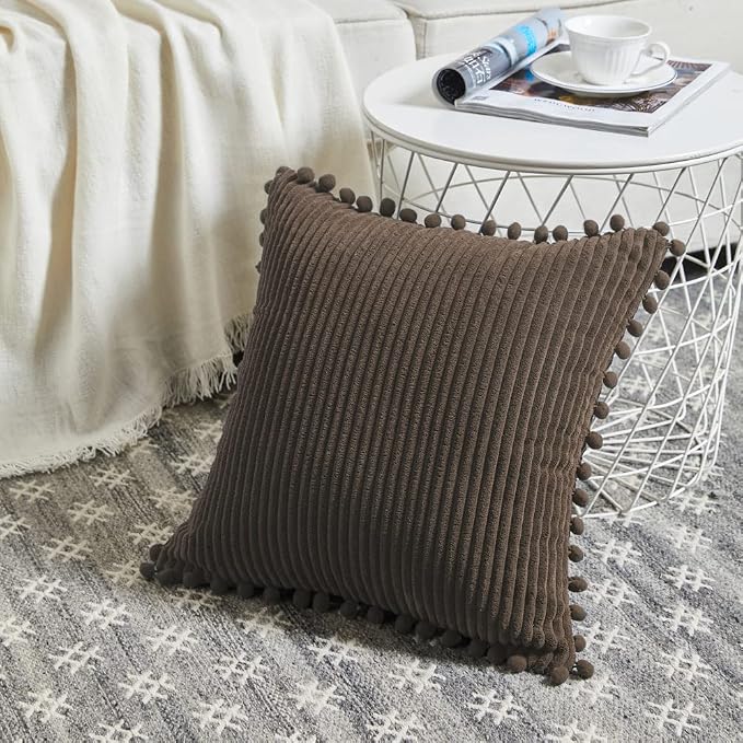 Fancy Homi Pack of 2 Dark Brown Decorative Throw Pillow Covers 16x16 Inch with Pom-poms for Couch Bed, Soft Corduroy Solid Square Cushion Case 40x40 cm, Farmhouse Boho Home Decor