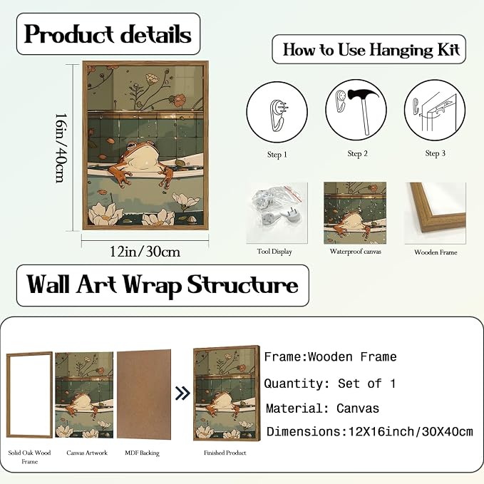 Funny Japanese Frog Bathroom Wall Art Whimsical Frog in Bathtub Wall Decor Painting Cute Animal Bathroom Poster Canvas Print Picture 12x16 inch Wood Framed
