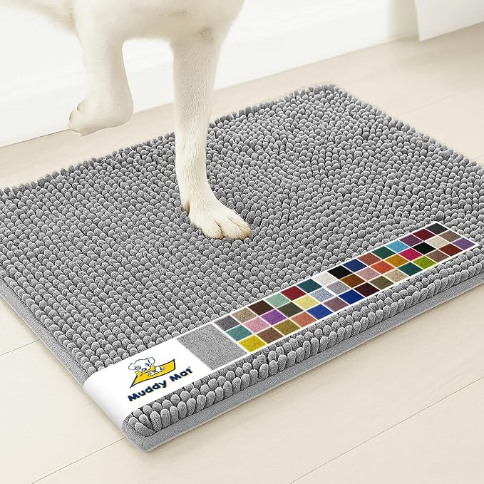 Muddy Mat® | Super Water Absorbent Door Mat Indoor, Microfiber Quick Dry Chenille Entryway Rug, Slip Resistant Front Door Mat, Indoor Mats for Entryway, Machine Washable Pet Rug, Light Grey 3ft x 8ft