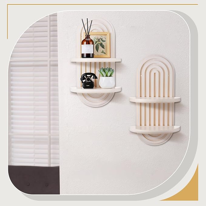 2 Pcs Boho Wall Shelf Rainbow Arch Wooden Floating Shelf Mid Century Bohemian Hanging Holder Double Vintage Wall Mount Altar Decor for Nursery Bedroom 15.75 x 6.69 Inches(White)