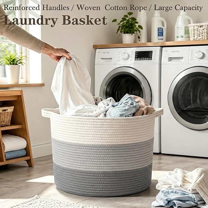 65L Large Blanket Basket,Woven Rope Laundry Basket-Grey | Collapsible, reinforced handles, nursery storage bin organizes clothes, toys and pillows for living room, bedroom bathroom