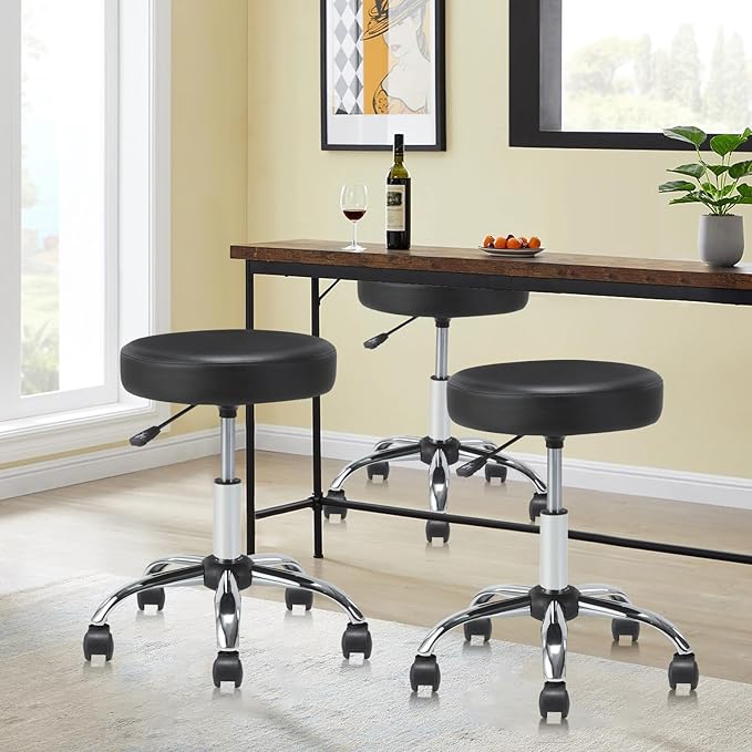 Set of 2 Round Rolling Stool Swivel with Wheels Adjustable Height Heavy Duty Wide Seat Drafting Stool Chair for Office Salon Massage Spa Medical Tattoo Beauty 2 Pack