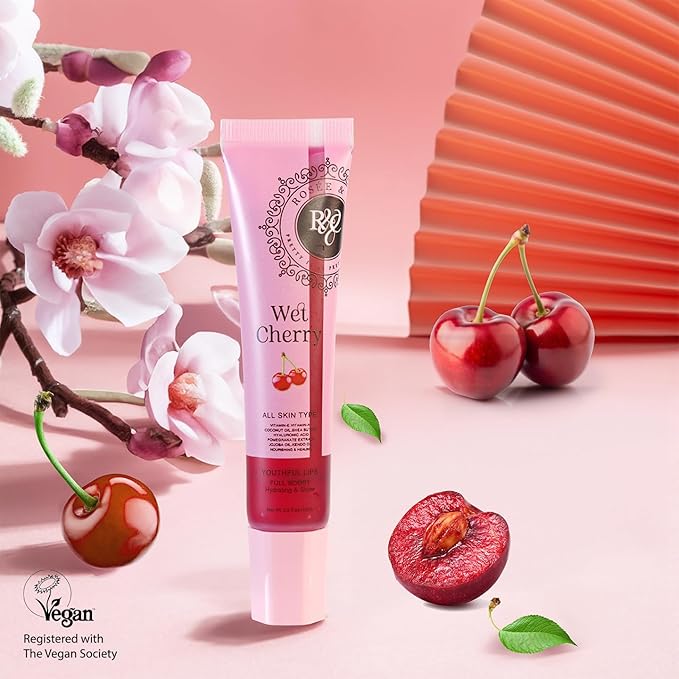 Rosee Lip Gloss Vegan & Cruelty Free Treatment, Professional Make up, Long Lasting Glossy with Shea Butter, Moisturize, Protect & Smooth, High Shine, Non-Sticky (i. Wet Cherry, 0.5)