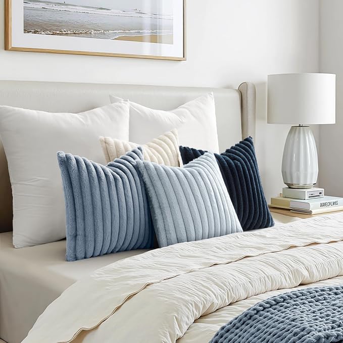 MIULEE Faux Fur Plush Euro Decorative Throw Pillow Covers 24x24, Navy Blue | Set of 4, Striped, Soft Coastal Modern Cozy Home Decor, Cushion Cases for Sofa Couch Bed Living Room