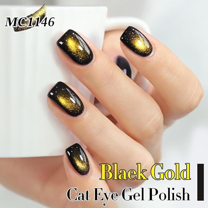 Double Rhythm Cat Eye Gel Polish with Magnet 15ML Glass Holographic Glitter Shimmer Translucent Sheer Color Salon Soak Off Magnetic at Home (Black Gold-MC1146)
