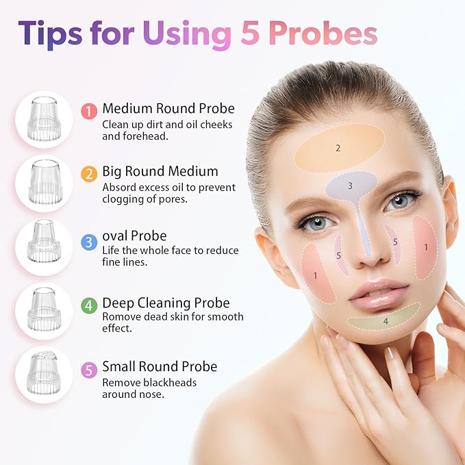 Blackhead Remover Pore Vacuum, Blackhead Vacuum, Facial Pore Cleaner with 5 Adjustable Suction Levels, 5 Probes, USB Rechargeable Pore Cleaner, Electric Comedone Whitehead Extractor Tools Kit