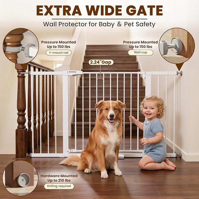 Mumeasy 36-58" Extra Wide Baby Gate for Stairs, 30" Tall Walk Through Dog Gate for Doorways & Hallways, Auto Close Pressure Mounted Safety Gate for Toddlers & Pets, Dual Swing Child Gate Indoor, White