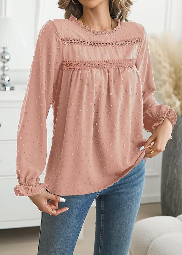 Womens Boho Tops Long Sleeve Shirts For Women Cute Crewneck Blouse Dressy Casual Swiss Dot Crochet Hollow Top 2026