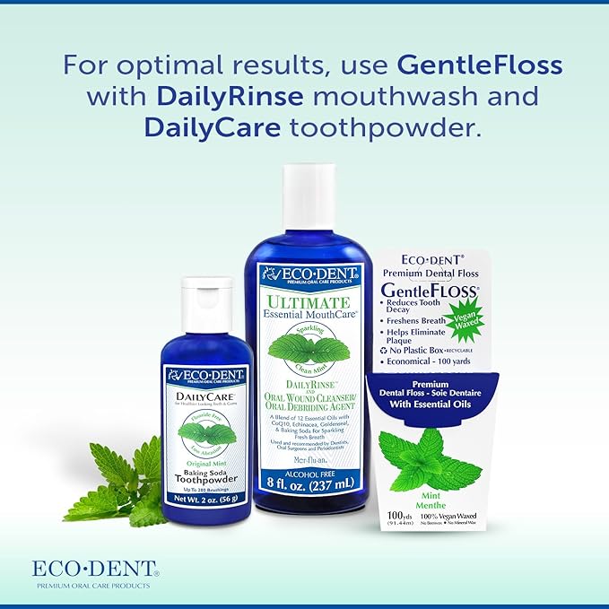 Eco-Dent GentleFloss Dental Floss, Waxed, Mint - Floss with Vegan Plant-Based Wax, Recyclable Cardboard Packaging, 100 Yds + DailyRinse Single-Use Pack