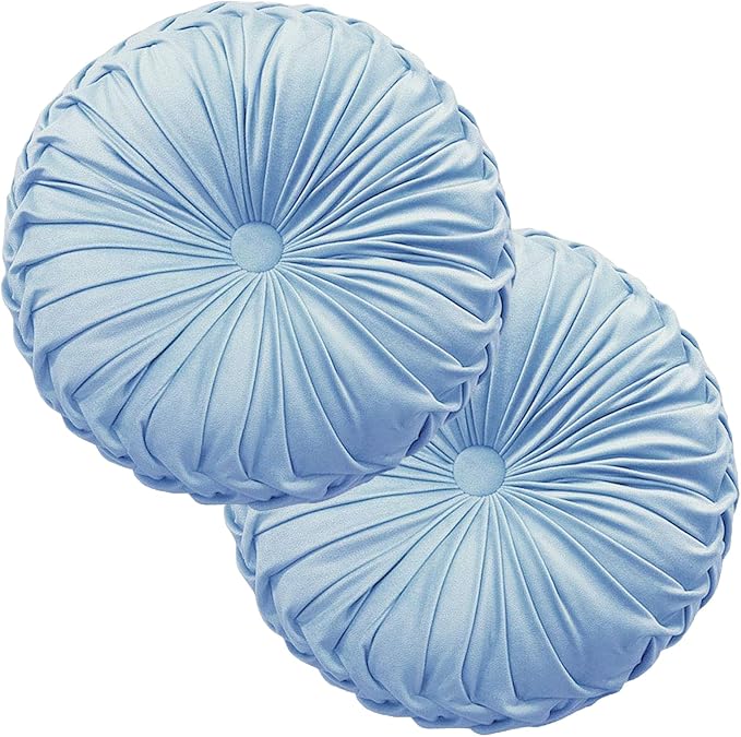 Teieas 2 Pcs Round Throw Pillows Decorative Velvet Pleated Bed Pillows | Boho floor pillows,back support for couch,chair,dorm,car,sofa,beach home decor sky blue 14.96''