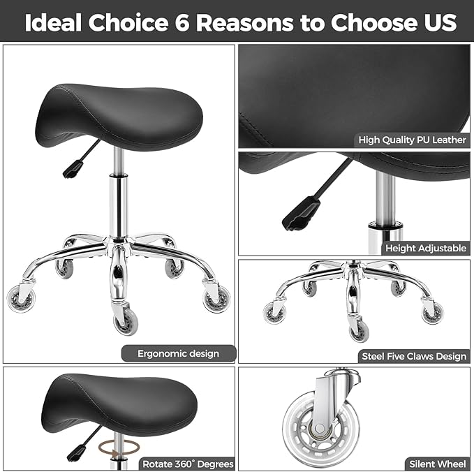 BEWISHOME Ergonomic Rolling Saddle Stool, Height-Adjustable Rolling Swivel Saddle Stool Chair with Thickened Saddle Seat Padding, for Salons, Spas, Office, Black BMD02B