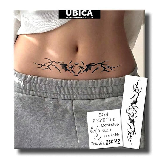 Sexy Heart Belly Tramp Stamp Semi Permanent Temporary Tattoos, 2 weeks Tribal Chest Waist Thigh Arm Fake Tattoos for Women, Realistic Waterproof and Non-Reflective, 2 Sheets