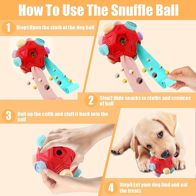 Dog Snuffle Ball-Interactive Puzzle Dog Toys Encourage Natural Foraging Skills Slow Feeder for Training and Stress Relief, Cloth Strip Hiding Food Dog Toys for Any Size Dogs (Red Macaron)