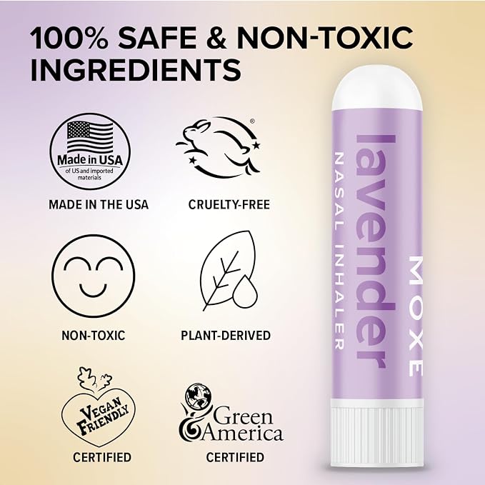 MOXE Lavender Essential Oil Nasal Inhaler, Therapeutic No-Mess Aromatherapy, Relaxation, Naturally Calming, Before Sleep Routine, Uplifts Mood, Pure and Undiluted, Made in USA (1 Pack)